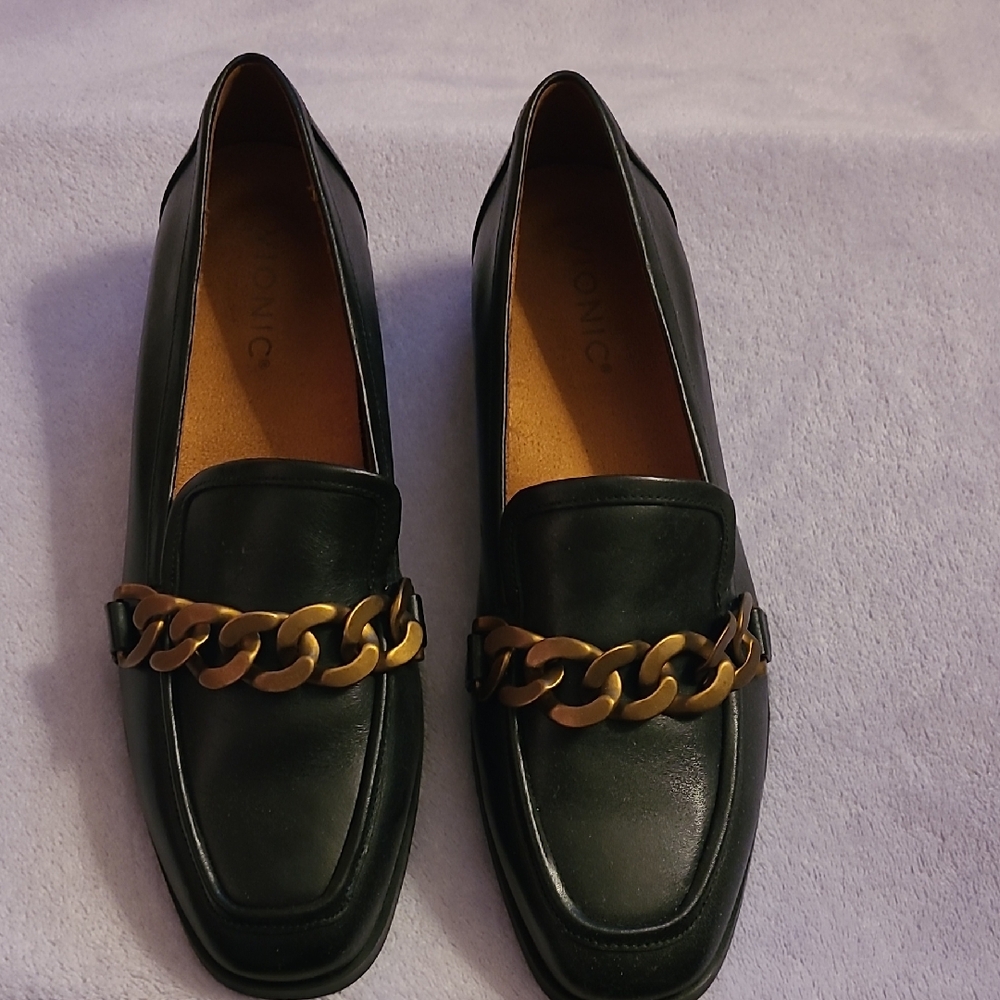 Vionic Black Loafers with Gold Chain Detail
